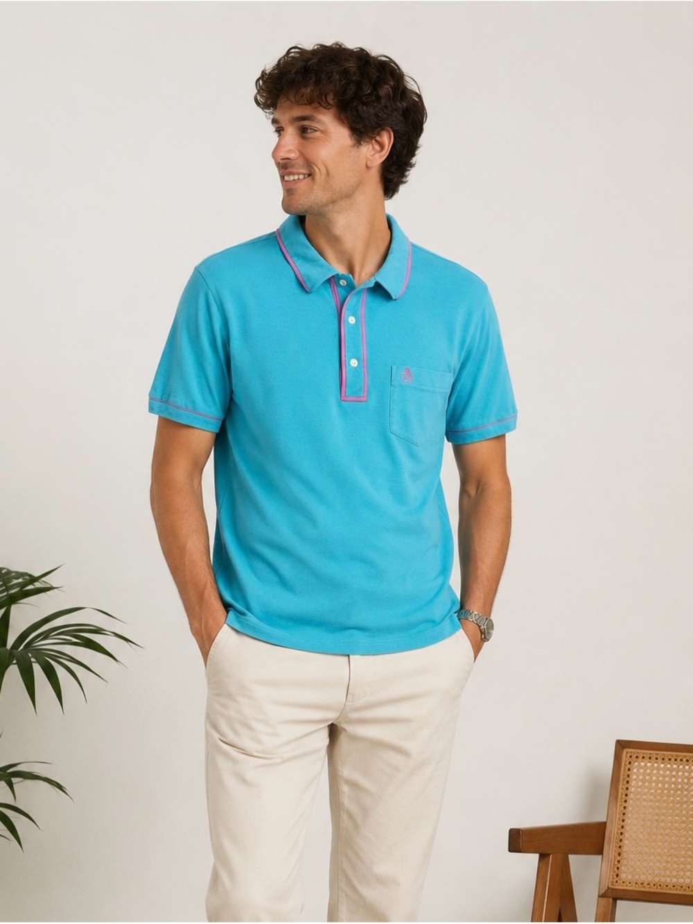 Original Penguin Turquoise Polo Shirt Pink Trim Retro Preppy Men’s Lsrge